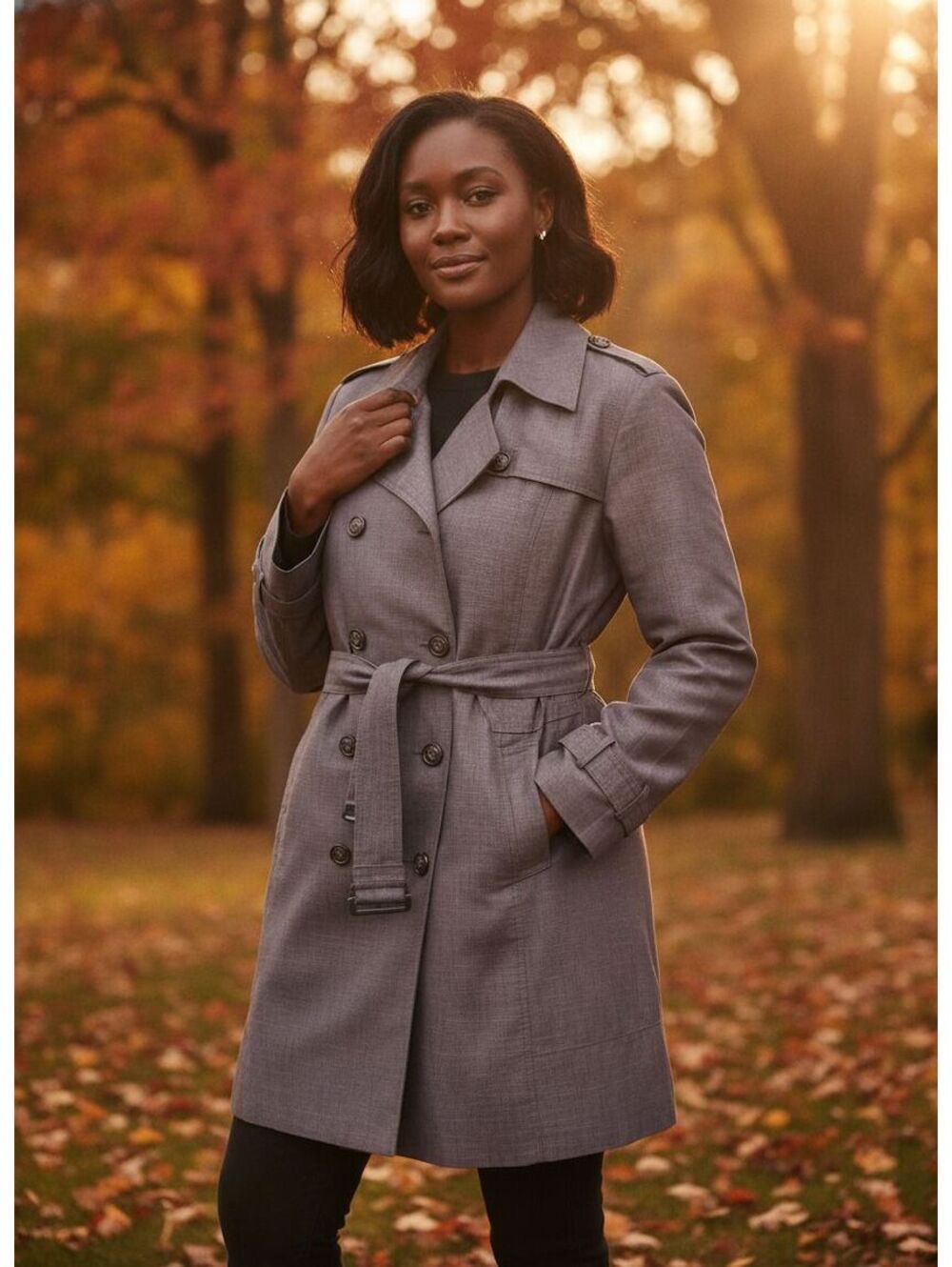 Avenue Plus Size Grey Double Breasted Trench Coat Belted Size 30/32